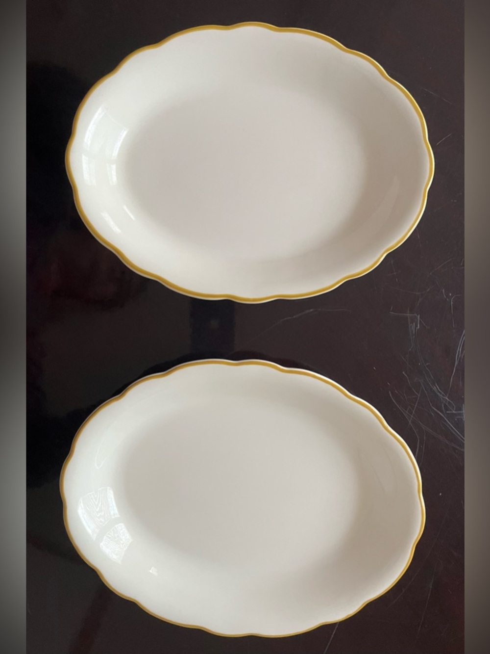 Lot of 2 Homer Laughlin Oval China Dish With Scalloped Edge & Gold Trim 9.5 Inch